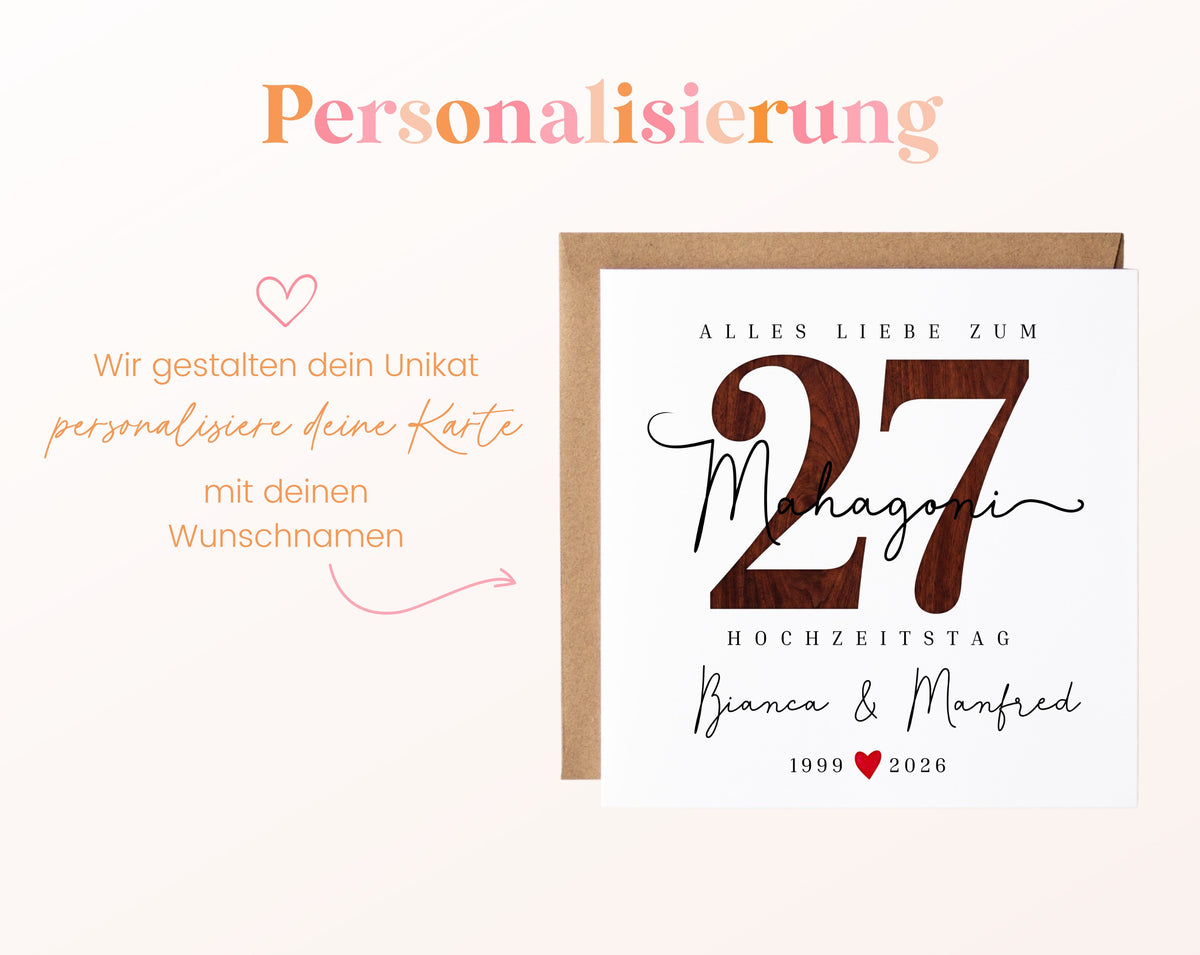 Mahagonihochzeit Karte - Holzzahl 27 - personalisiert