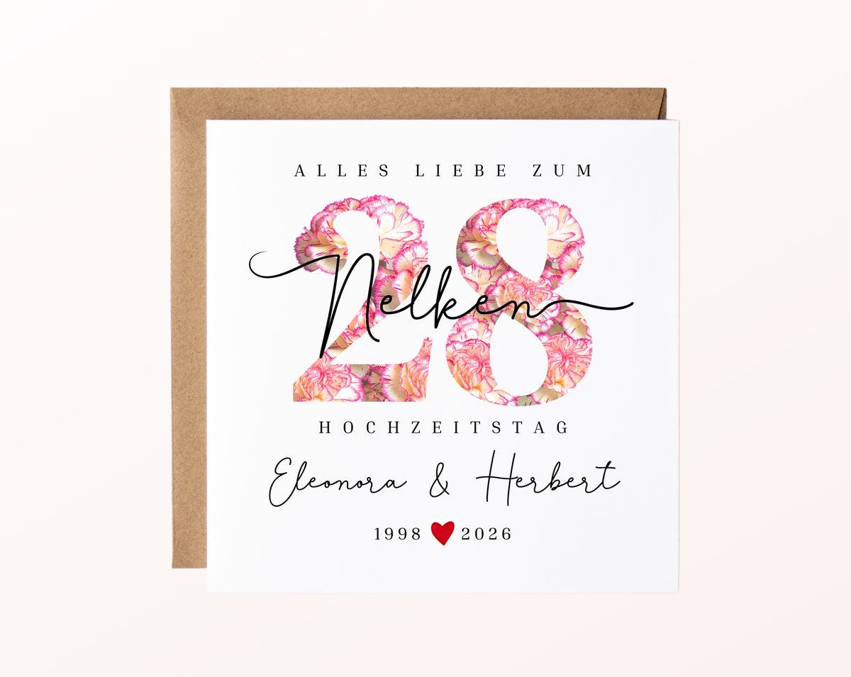Nelkenhochzeit Karte - Blütenzahl 28 - personalisiert