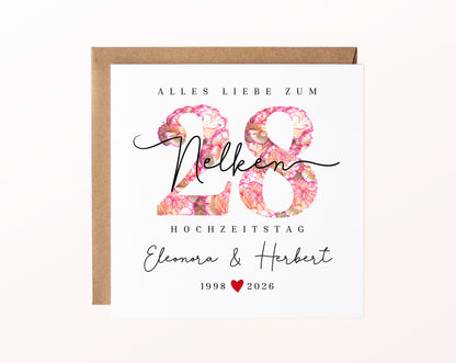 Nelkenhochzeit Karte - Blütenzahl 28 - personalisiert