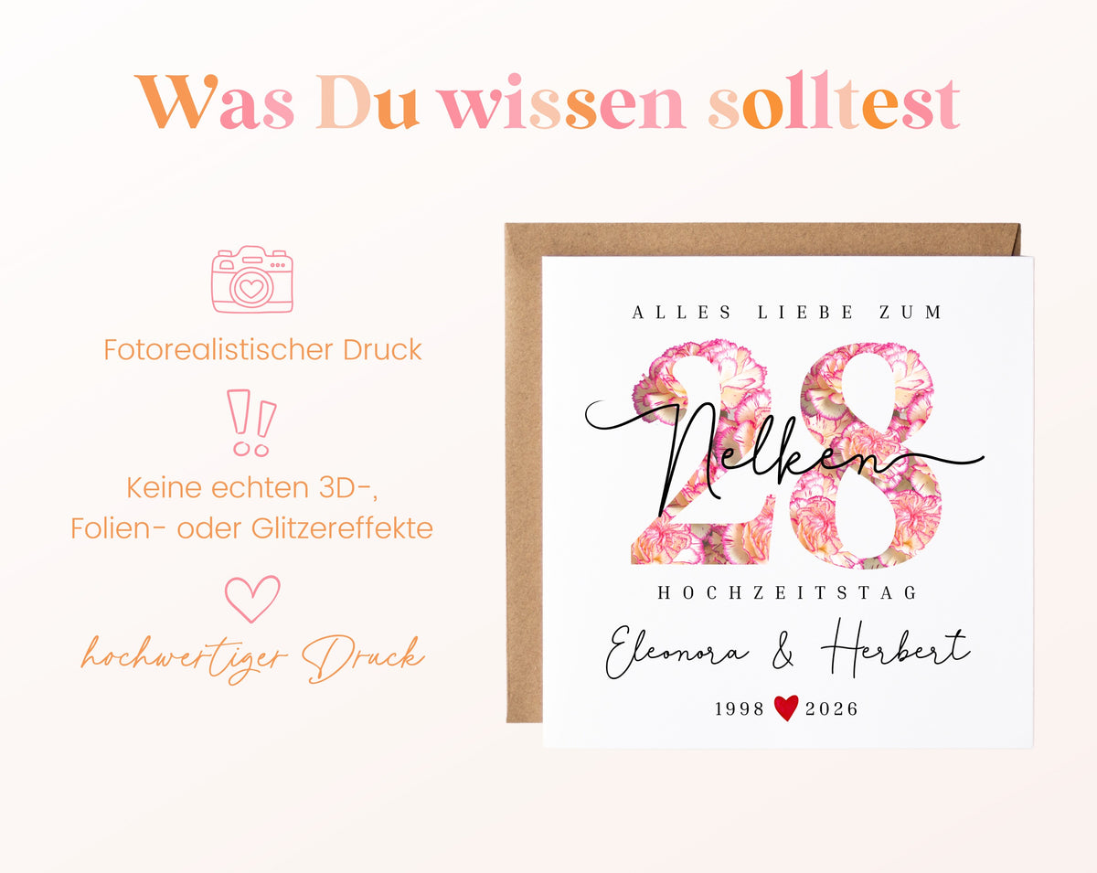 Nelkenhochzeit Karte - Blütenzahl 28 - personalisiert