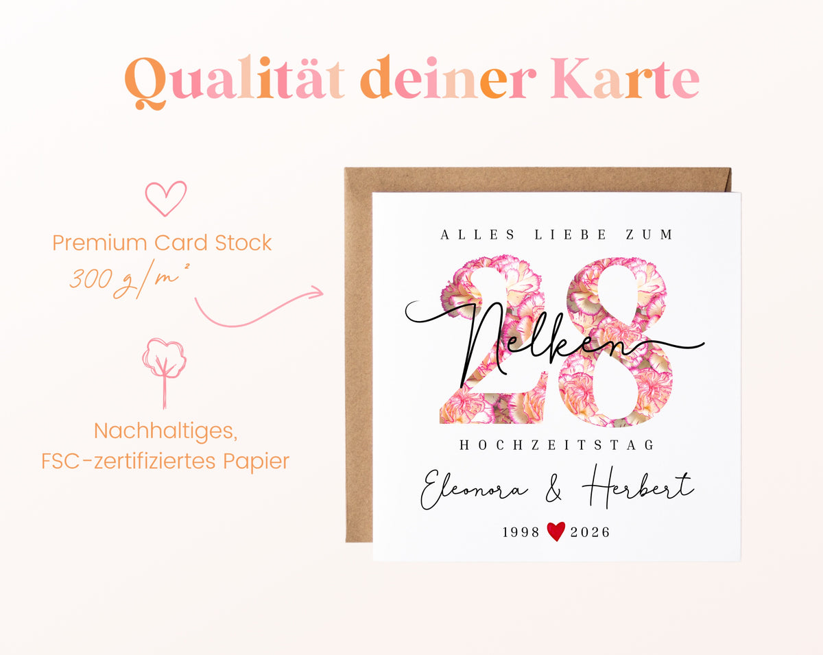 Nelkenhochzeit Karte - Blütenzahl 28 - personalisiert