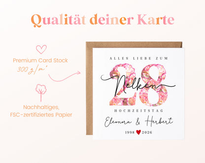 Nelkenhochzeit Karte - Blütenzahl 28 - personalisiert