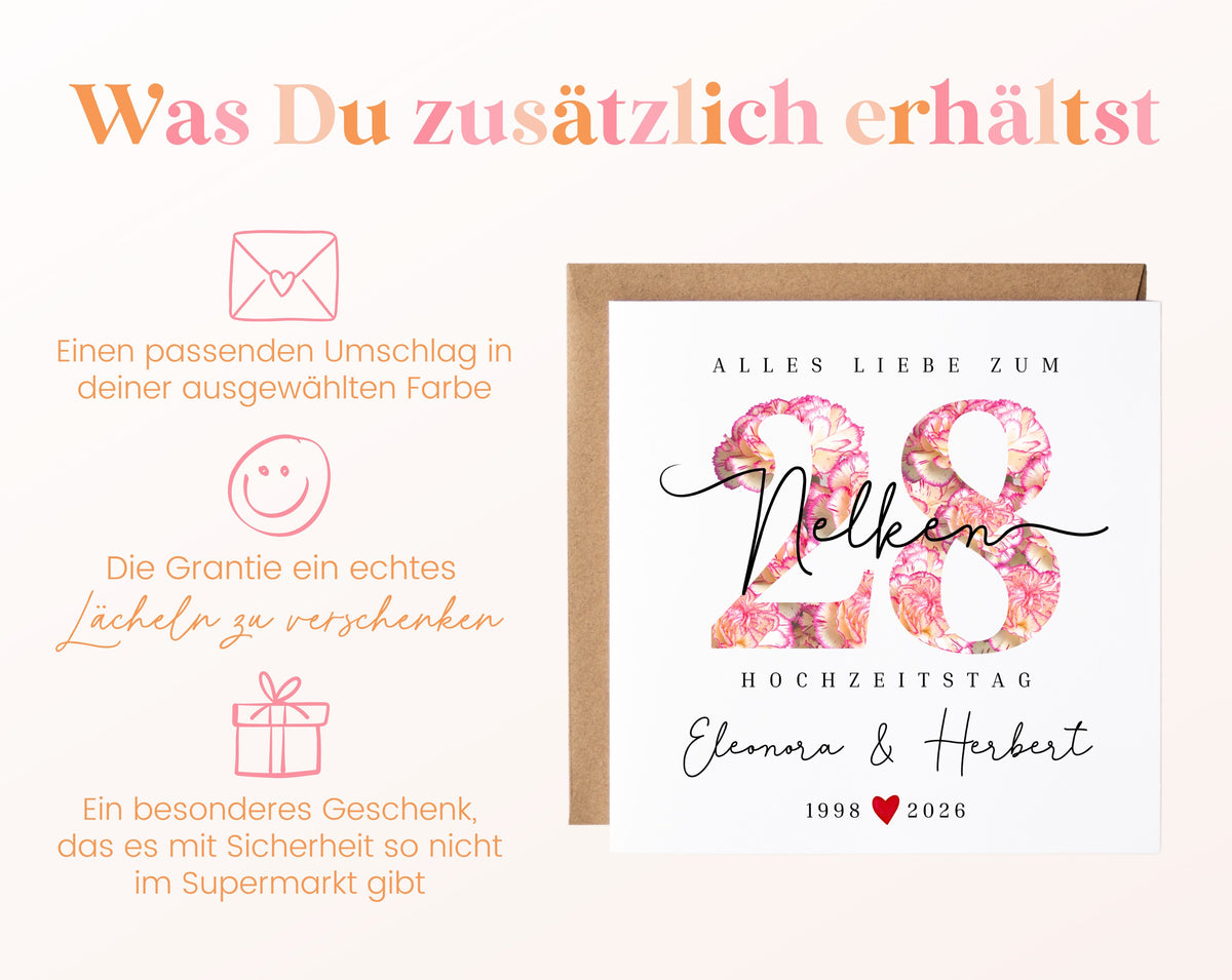 Nelkenhochzeit Karte - Blütenzahl 28 - personalisiert