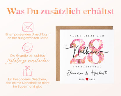 Nelkenhochzeit Karte - Blütenzahl 28 - personalisiert