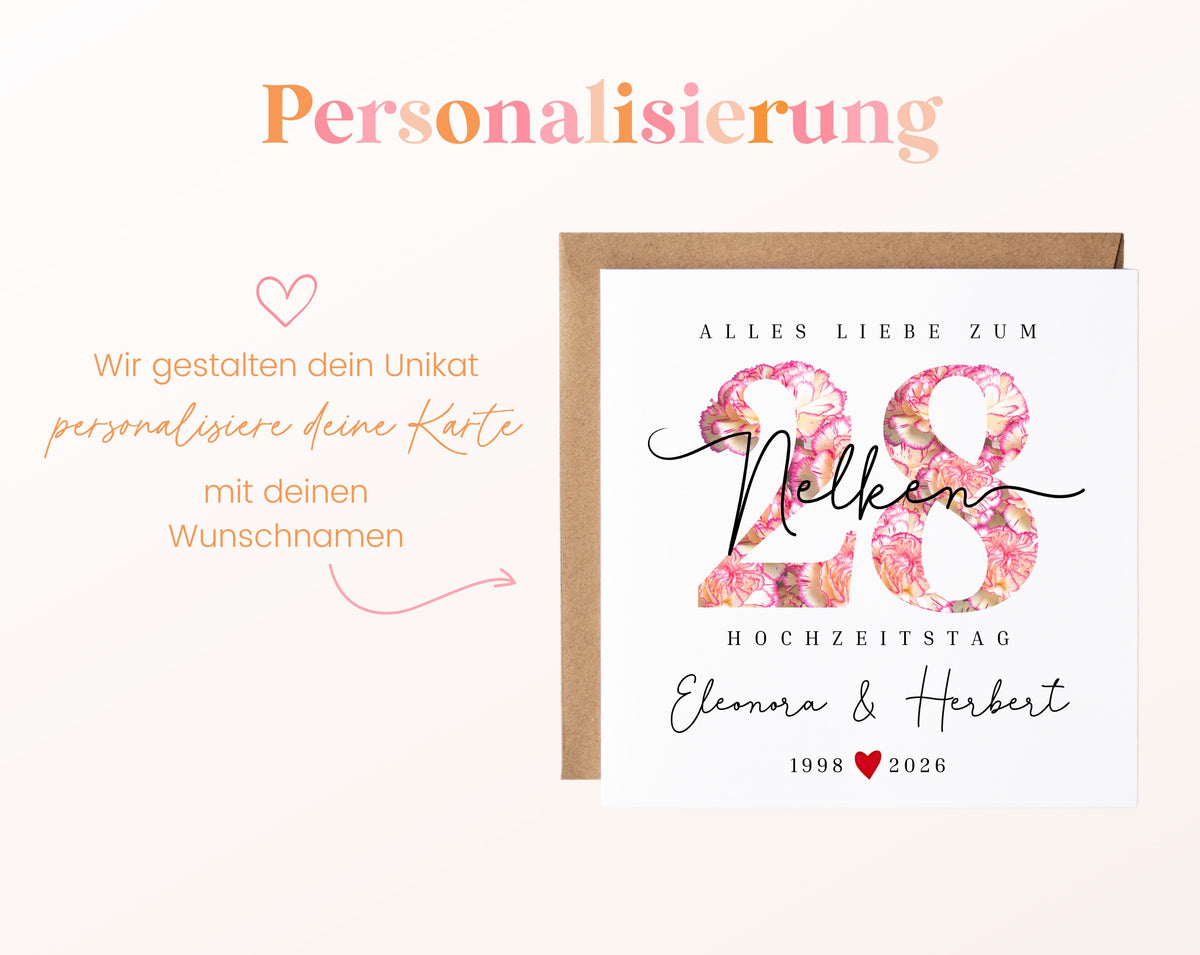 Nelkenhochzeit Karte - Blütenzahl 28 - personalisiert
