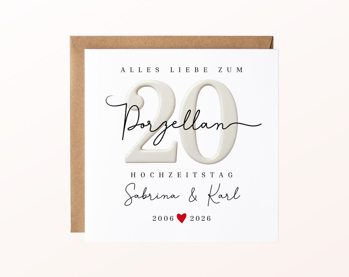 Porzellanhochzeit Karte - Porzellanzahl 20 - personalisiert