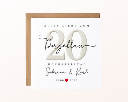 Porzellanhochzeit Karte - Porzellanzahl 20 - personalisiert