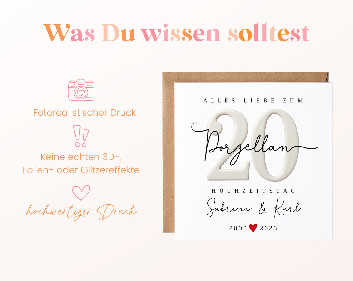 Porzellanhochzeit Karte - Porzellanzahl 20 - personalisiert