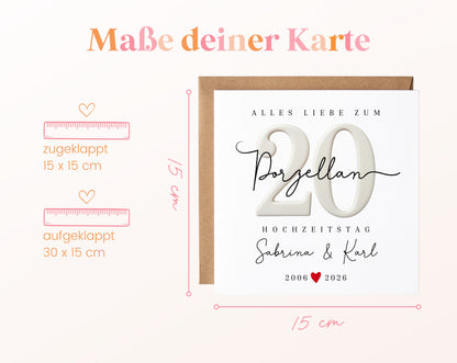 Porzellanhochzeit Karte - Porzellanzahl 20 - personalisiert