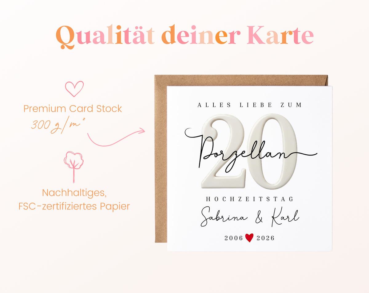 Porzellanhochzeit Karte - Porzellanzahl 20 - personalisiert