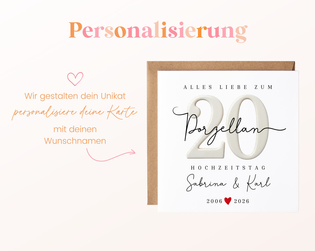 Porzellanhochzeit Karte - Porzellanzahl 20 - personalisiert