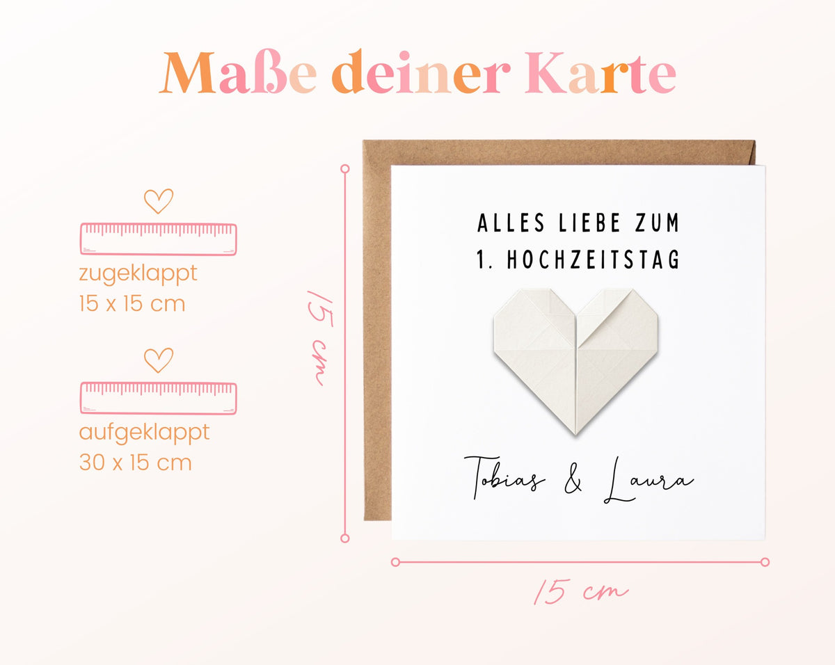 Maße der Papierherz-Karte: 15 × 15 cm geschlossen, 30 × 15 cm aufgeklappt