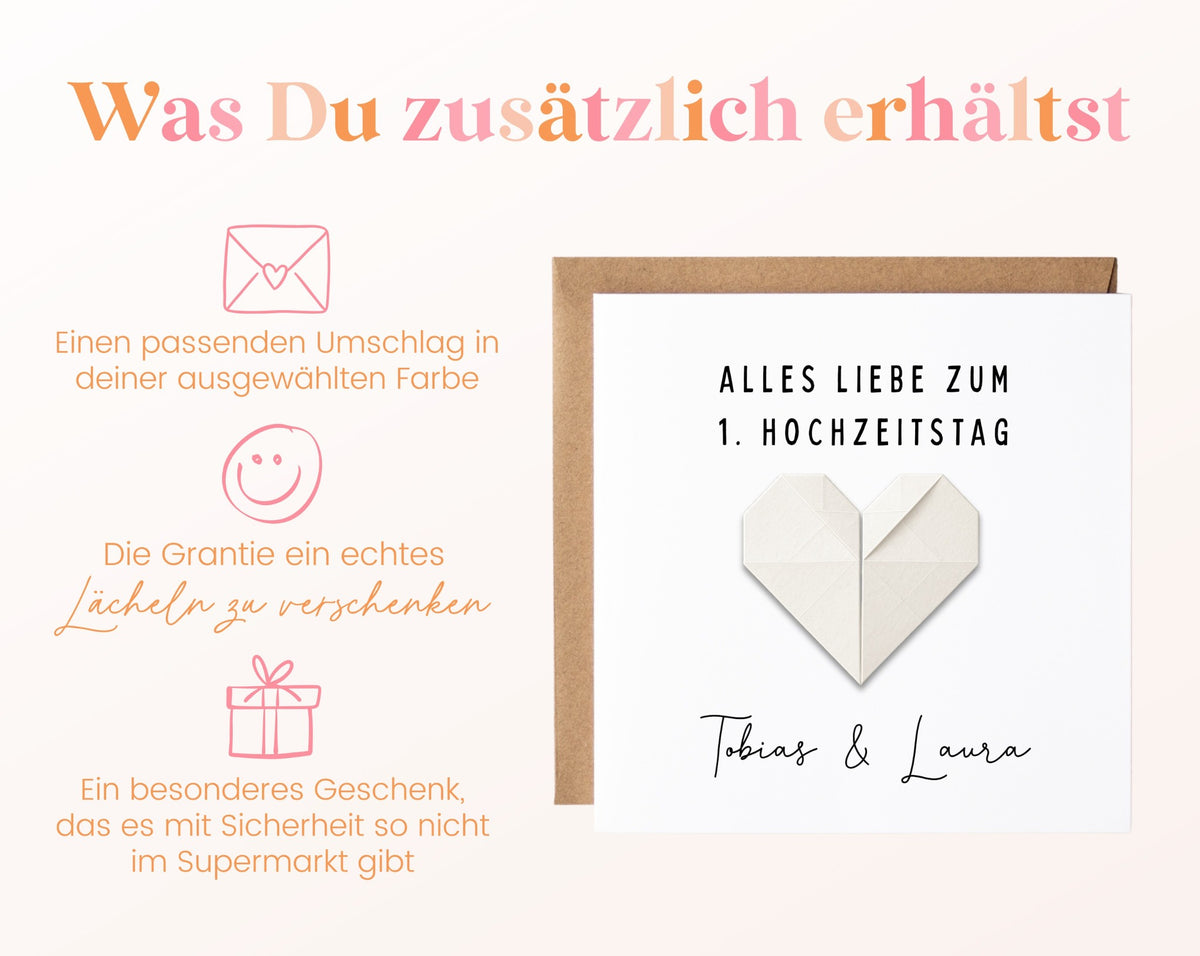 Papierherz-Karte mit passendem Umschlag in der gewählten Farbe