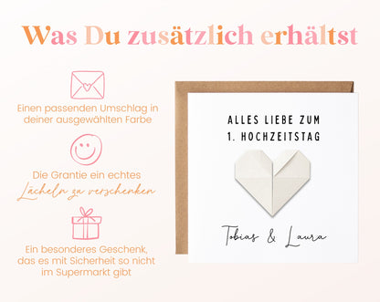 Papierherz-Karte mit passendem Umschlag in der gewählten Farbe