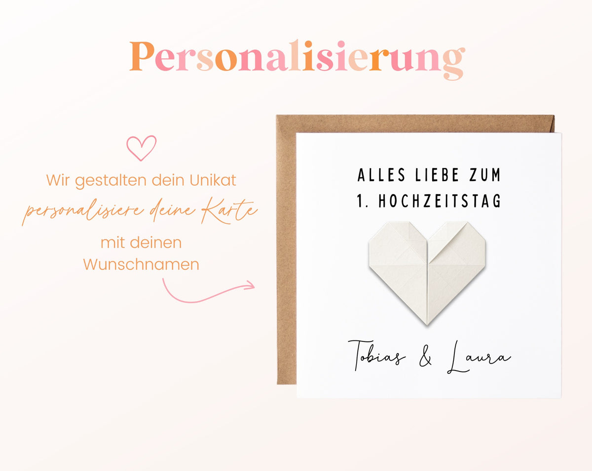 Papierherz-Karte mit den Beispielnamen Tobias und Laura