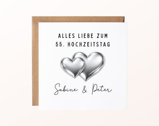 Platinhochzeit Karte - Doppelherzen - personalisiert