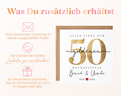 Goldene Hochzeit Karte - Zahl 50 mit Schriftzug - personalisiert
