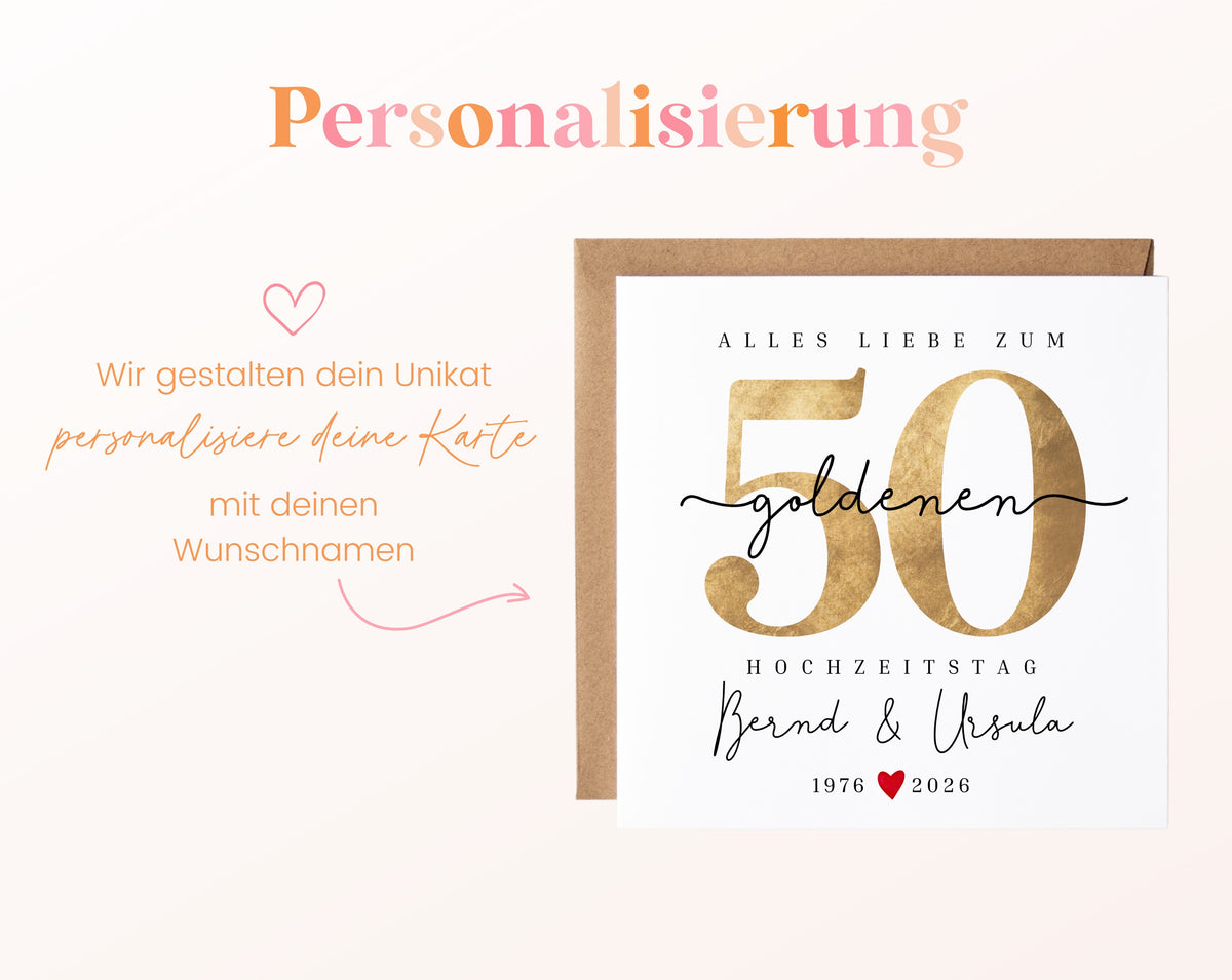 Goldene Hochzeit Karte - Zahl 50 mit Schriftzug - personalisiert
