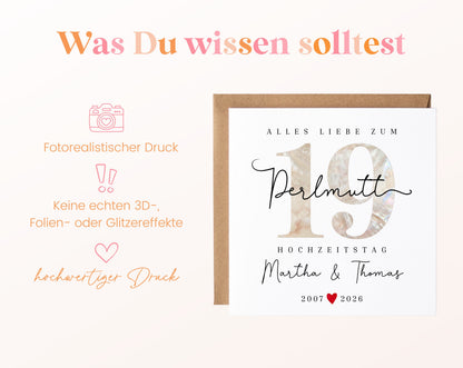 Perlmutthochzeit Karte - Perlmuttzahl 19 - personalisiert
