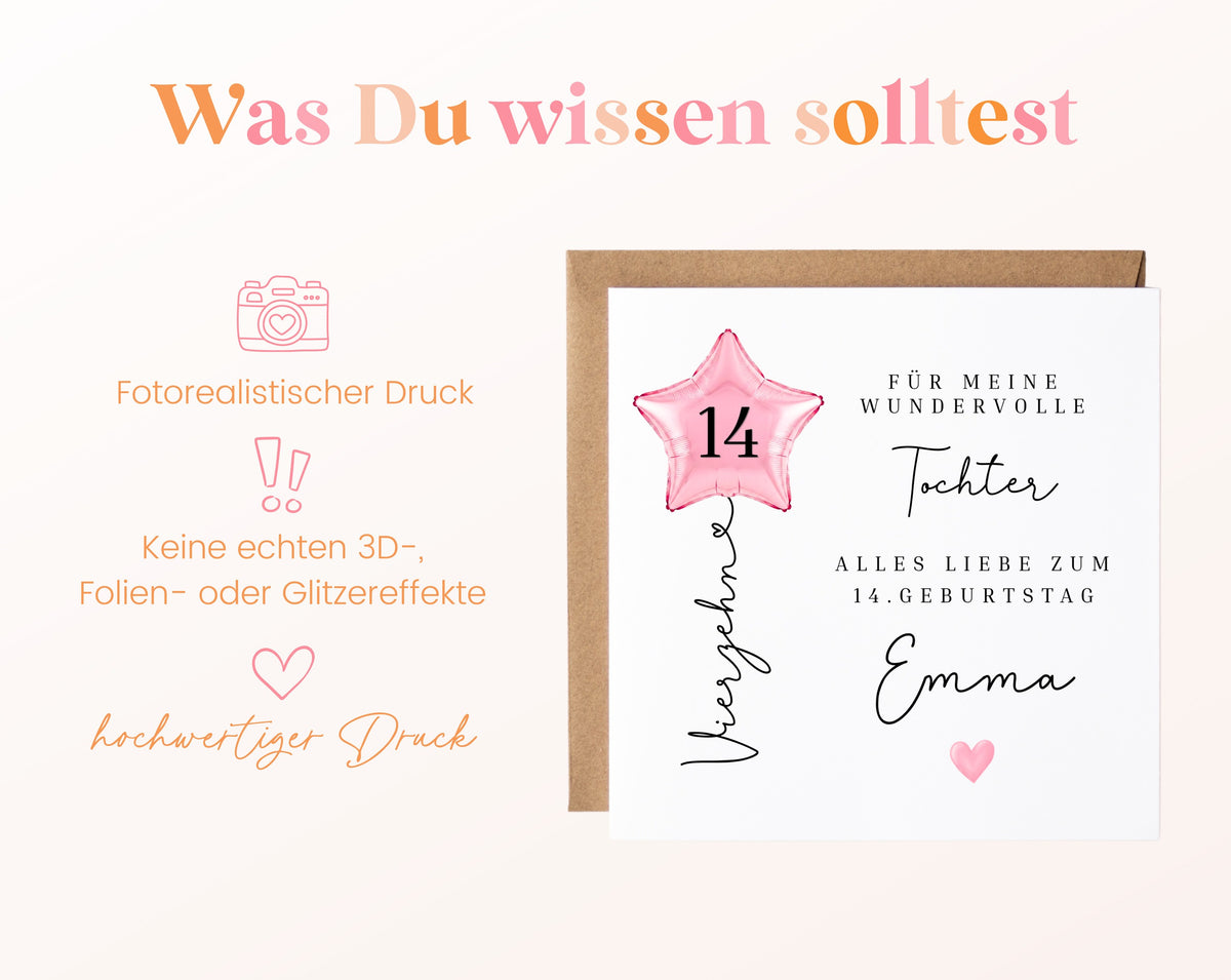 Personalisierte Geburtstagskarte für die Tochter zum 14. Geburtstag