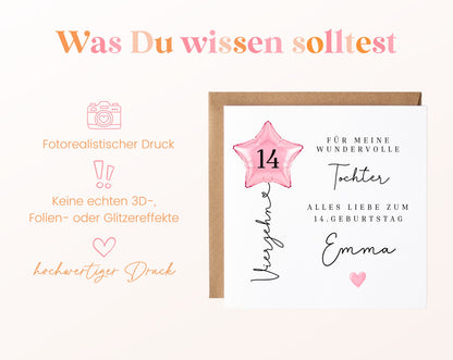 Personalisierte Geburtstagskarte für die Tochter zum 14. Geburtstag