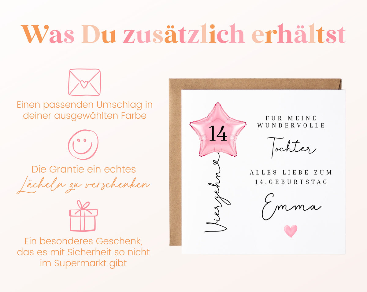 Personalisierte Geburtstagskarte für die Tochter zum 14. Geburtstag