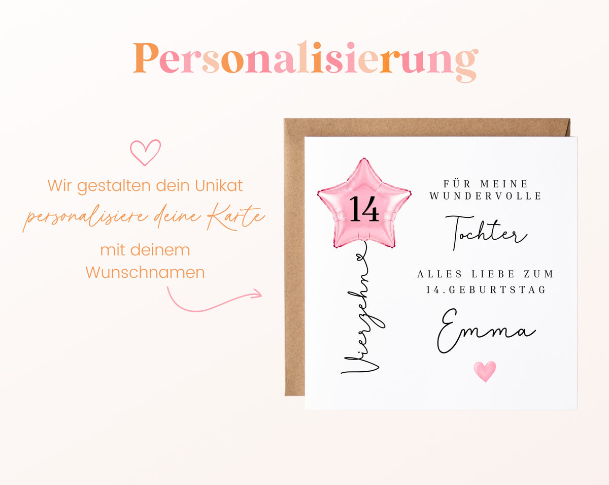 Personalisierte Geburtstagskarte für die Tochter zum 14. Geburtstag