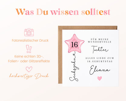 Personalisierte Geburtstagskarte für die Tochter zum 16. Geburtstag