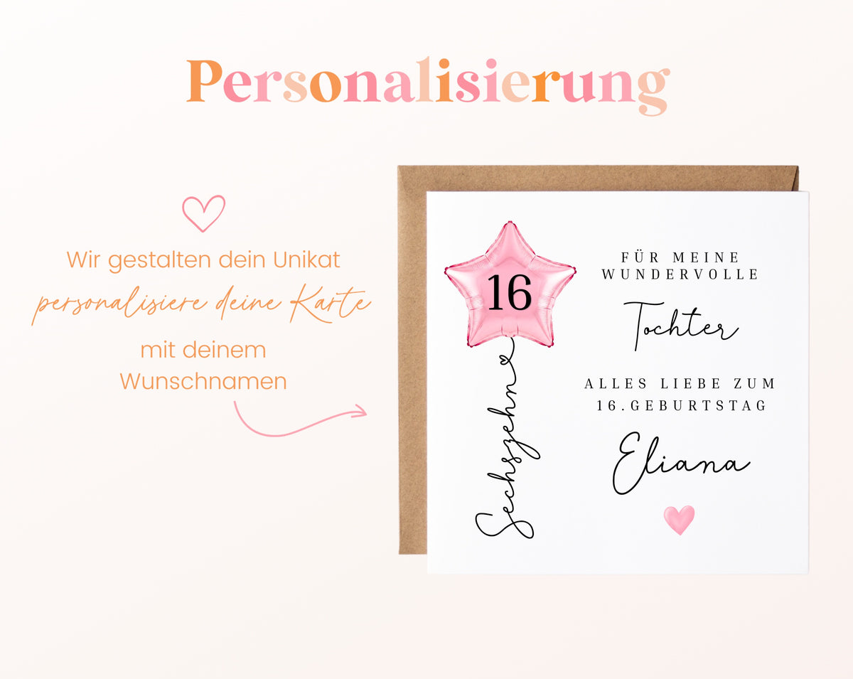 Personalisierte Geburtstagskarte für die Tochter zum 16. Geburtstag
