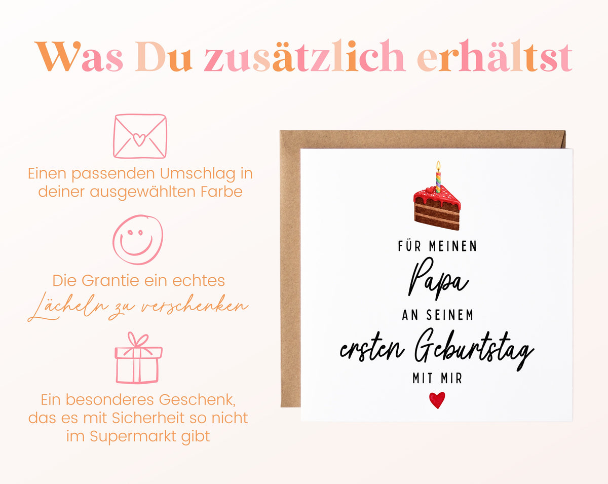 Geburtstagskarte für Papa mit Schokoladenkuchen mit passendem Umschlag