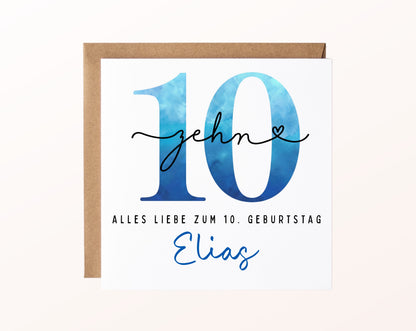 10. Geburtstag – Karte mit Beispielnamen und Umschlag