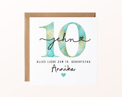 10. Geburtstag – Karte mit Beispielnamen und Umschlag
