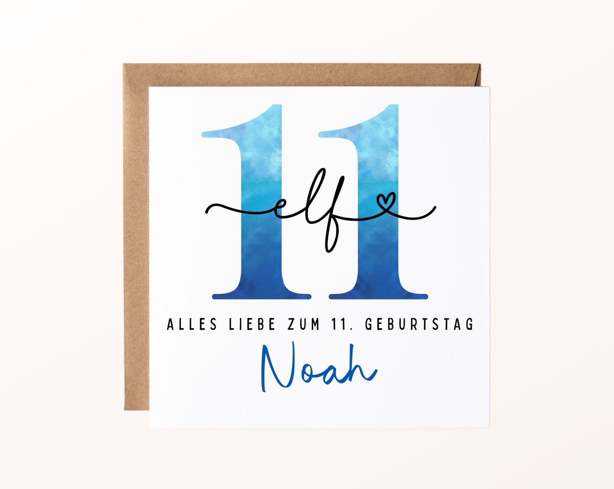 11. Geburtstag – Karte mit Beispielnamen und Umschlag