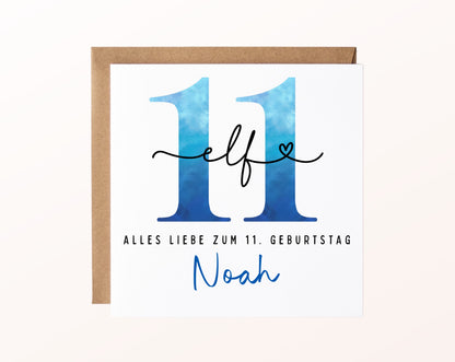 11. Geburtstag – Karte mit Beispielnamen und Umschlag