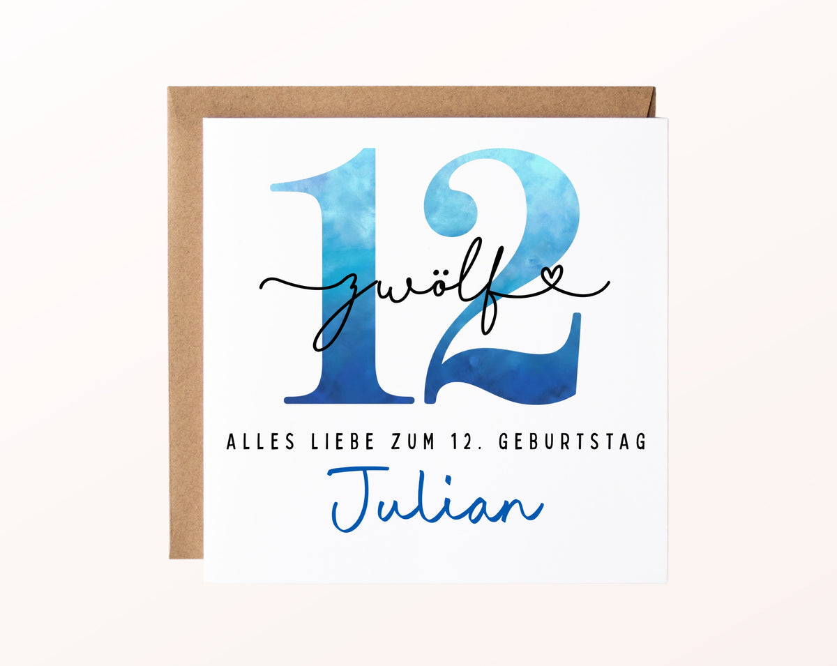 12. Geburtstag – Karte mit Beispielnamen und Umschlag