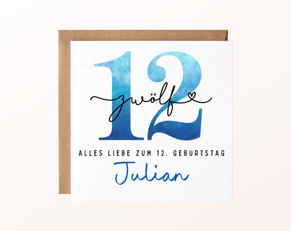 12. Geburtstag – Karte mit Beispielnamen und Umschlag