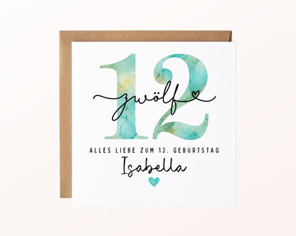 12. Geburtstag – Karte mit Beispielnamen und Umschlag