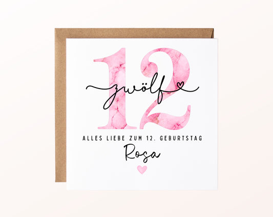 12. Geburtstag – Karte mit Beispielnamen und Umschlag