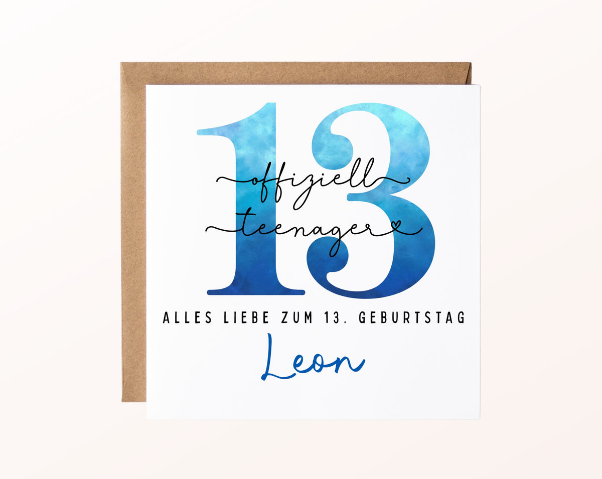 13. Geburtstag – Karte mit Beispielnamen und Umschlag