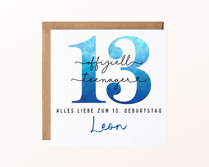 13. Geburtstag – Karte mit Beispielnamen und Umschlag