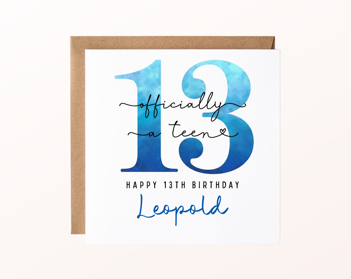 13. Geburtstag – Karte mit Beispielnamen und Umschlag
