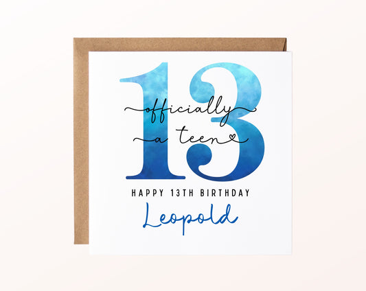 13. Geburtstag – Karte mit Beispielnamen und Umschlag