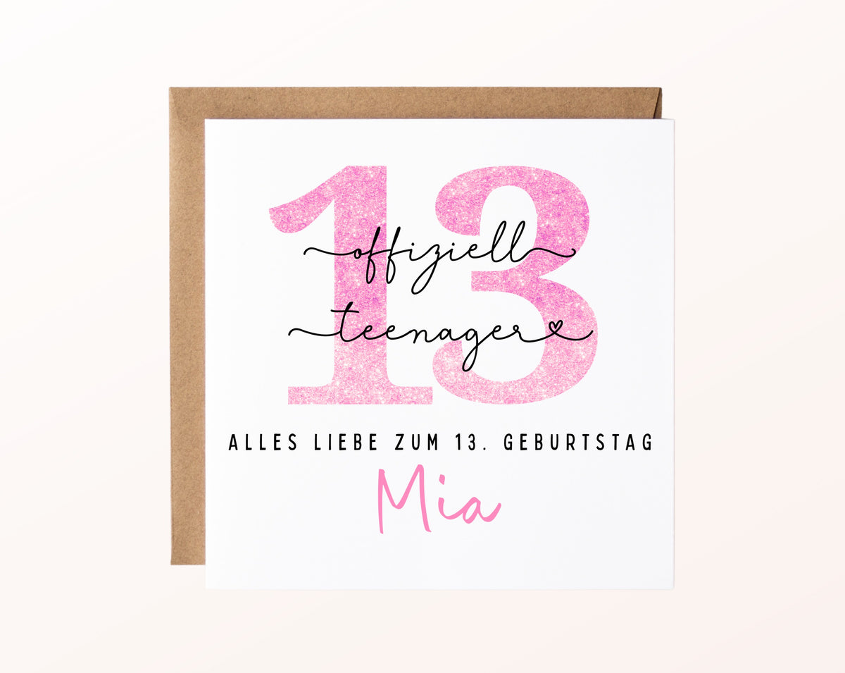 13. Geburtstag – Karte mit Beispielnamen und Umschlag