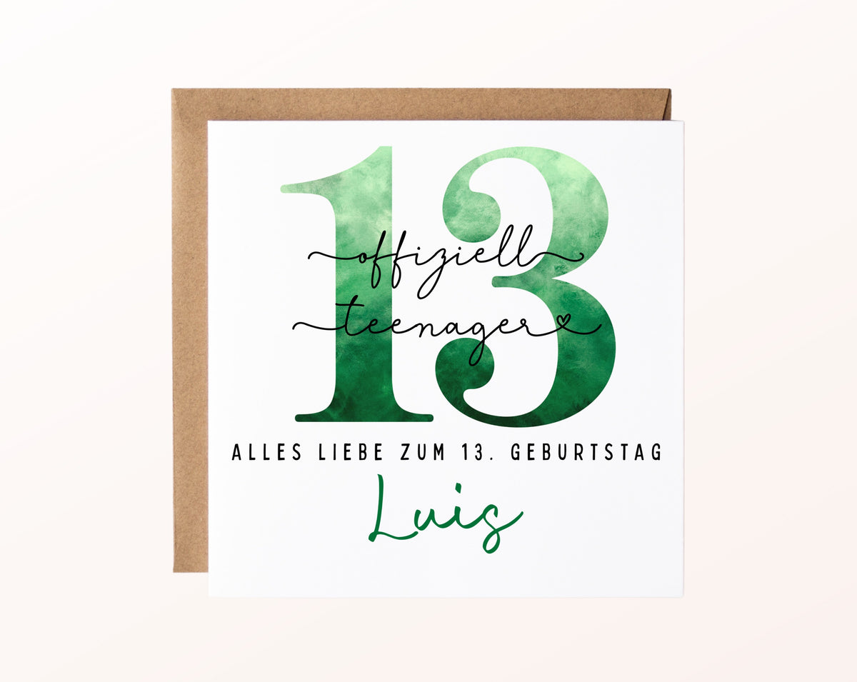 13. Geburtstag – Karte mit Beispielnamen und Umschlag