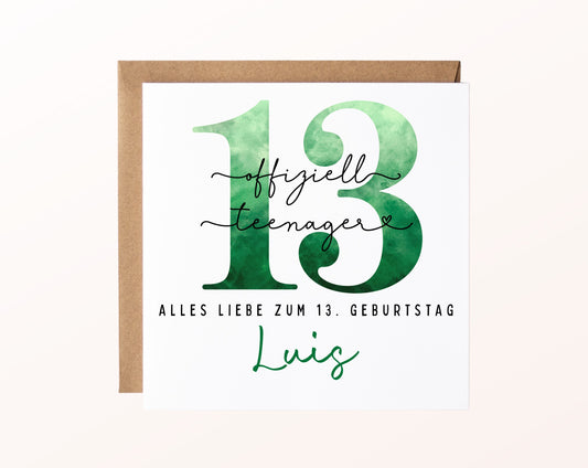 13. Geburtstag – Karte mit Beispielnamen und Umschlag