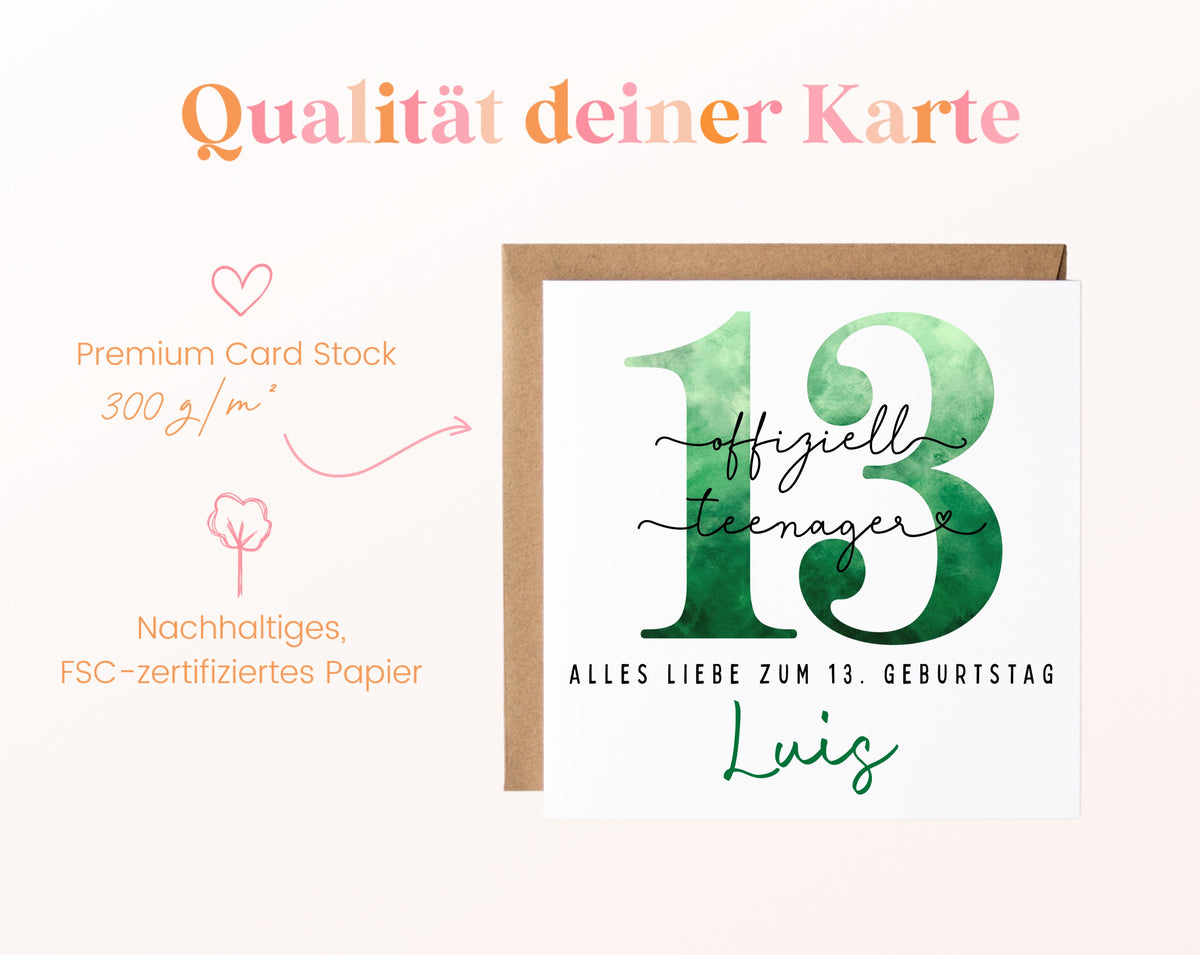 13. Geburtstag – Kartenpapier mit 300 g/m²