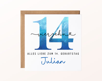 14. Geburtstag – Karte mit Beispielnamen und Umschlag