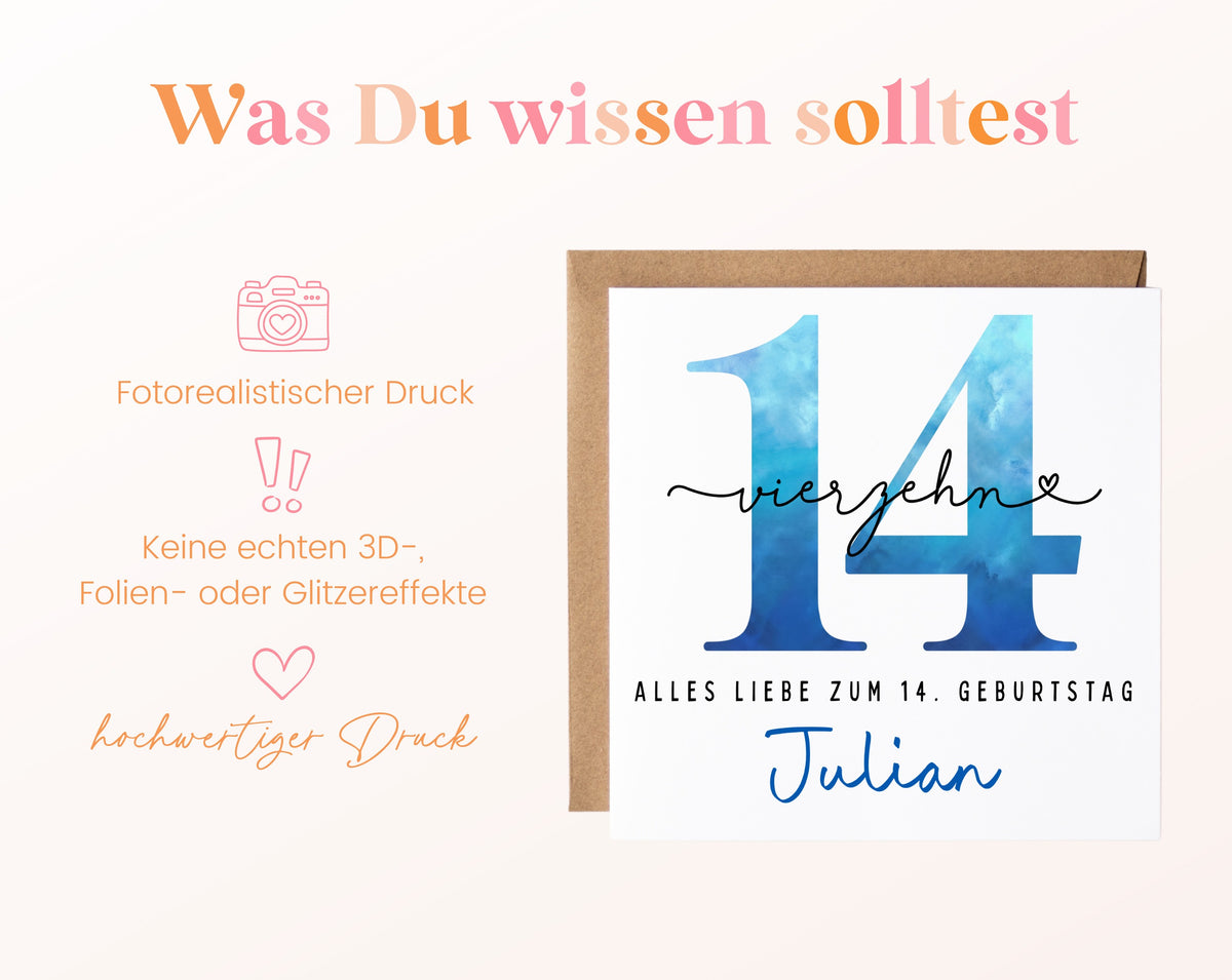 14. Geburtstag – Hinweise zur gedruckten Karte