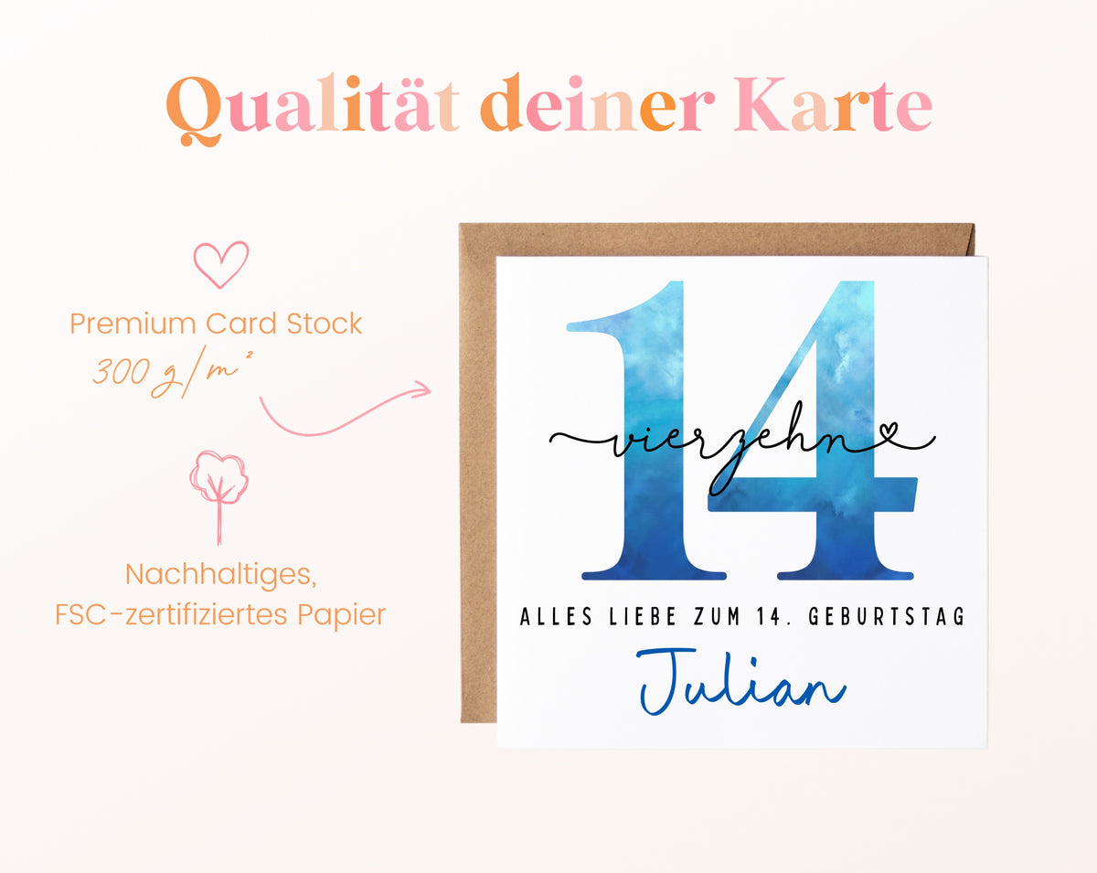 14. Geburtstag – Kartenpapier mit 300 g/m²