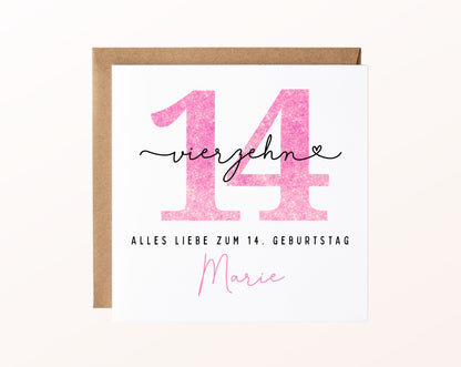 14. Geburtstag – Karte mit Beispielnamen und Umschlag